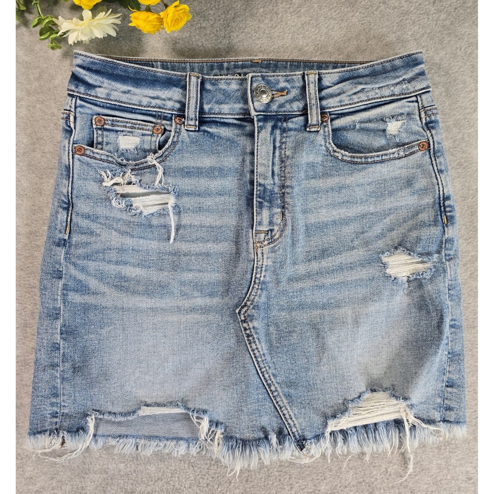 American Eagle Hi-Rise Mini Denim Skirt AEO 4 Long Light Wash Distressed Frayed